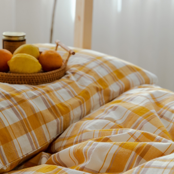 91家纺网 家纺一手货源 找家纺 北欧良品2022新款A类纯色织水洗棉学生上下铺四件套 芒果格