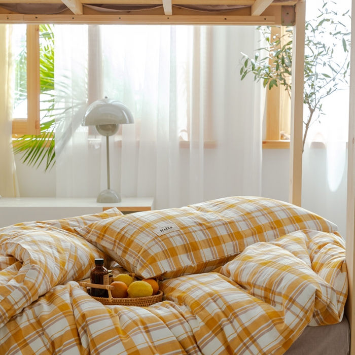 91家纺网 家纺一手货源 找家纺 北欧良品2022新款A类纯色织水洗棉学生上下铺四件套 芒果格