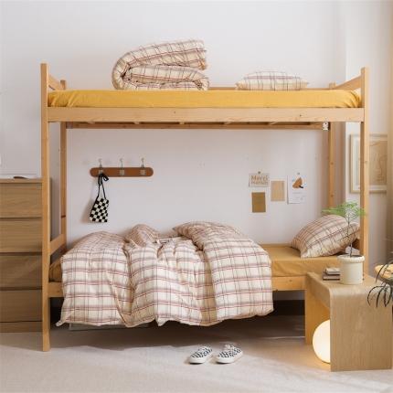 北欧良品2022新款A类纯色织水洗棉学生上下铺四件套 米黄格