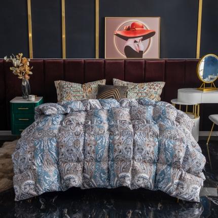 织梦人羽绒被95级鹅绒120支全棉活性印花大量现货奢羽金灰绿