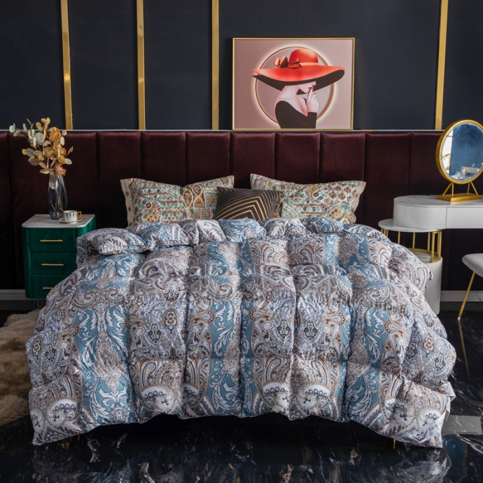 91家纺网 家纺一手货源 找家纺 织梦人羽绒被95级鹅绒120支全棉活性印花大量现货奢羽金灰绿