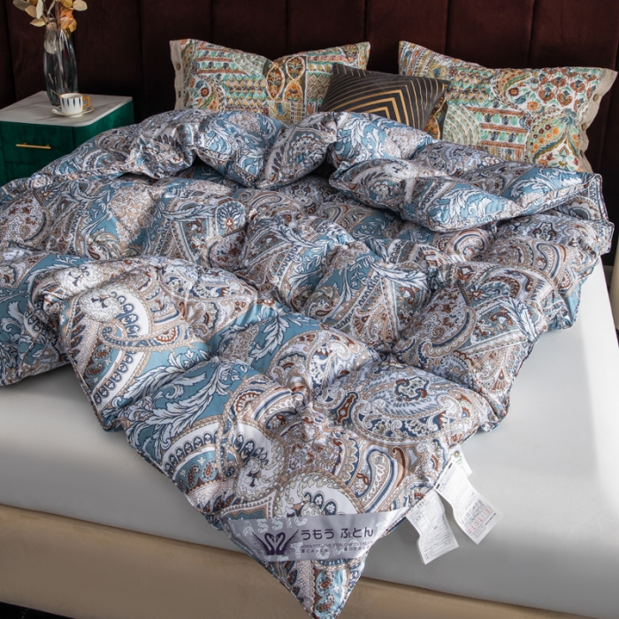 91家纺网 家纺一手货源 找家纺 织梦人羽绒被95级鹅绒120支全棉活性印花大量现货奢羽金灰绿