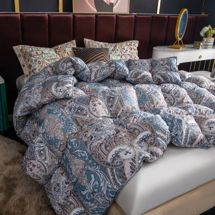 91家纺网 家纺一手货源 找家纺 织梦人羽绒被95级鹅绒120支全棉活性印花大量现货奢羽金灰绿