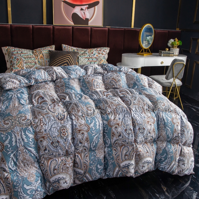 91家纺网 家纺一手货源 找家纺 织梦人羽绒被95级鹅绒120支全棉活性印花大量现货奢羽金灰绿