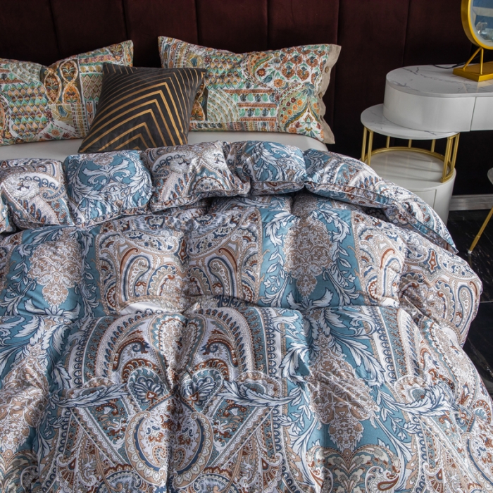 91家纺网 家纺一手货源 找家纺 织梦人羽绒被95级鹅绒120支全棉活性印花大量现货奢羽金灰绿