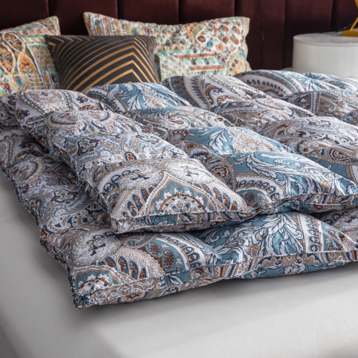 91家纺网 家纺一手货源 找家纺 织梦人羽绒被95级鹅绒120支全棉活性印花大量现货奢羽金灰绿