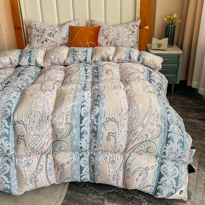 91家纺网 家纺一手货源 找家纺 织梦人95级鹅绒被120支全棉活性印花大量现货花叶海棠-灰绿