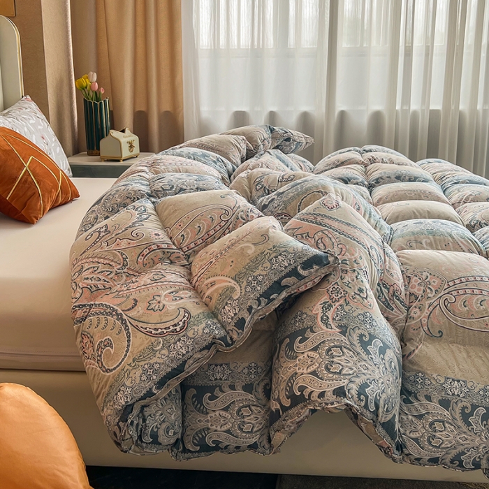 91家纺网 家纺一手货源 找家纺 织梦人95级鹅绒被120支全棉活性印花大量现货花叶海棠-灰绿