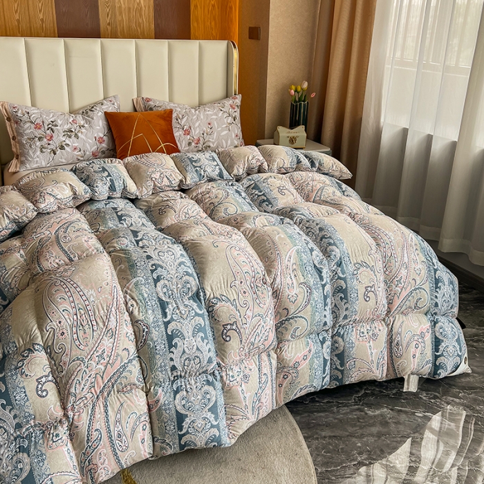 91家纺网 家纺一手货源 找家纺 织梦人95级鹅绒被120支全棉活性印花大量现货花叶海棠-灰绿