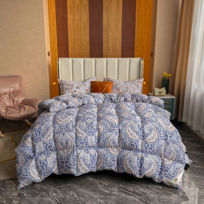 91家纺网 家纺一手货源 找家纺 织梦人95级鹅绒被120支全棉活性印花大量现货韦睿斯-宝蓝