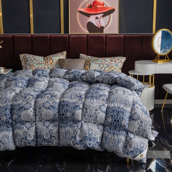 91家纺网 家纺一手货源 找家纺 织梦人羽绒被95级鹅绒被120支全棉活性印花现货巴洛克-宝蓝