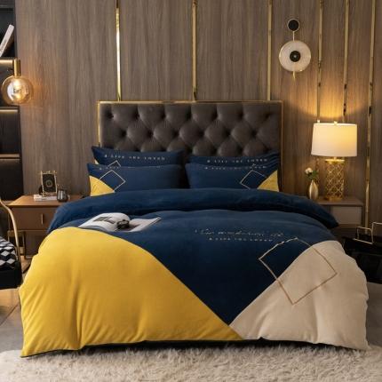 91家纺网 家纺一手货源 找家纺 （总）子曰2023新款纯色拼接款牛奶绒法莱绒水晶人刺绣四件套