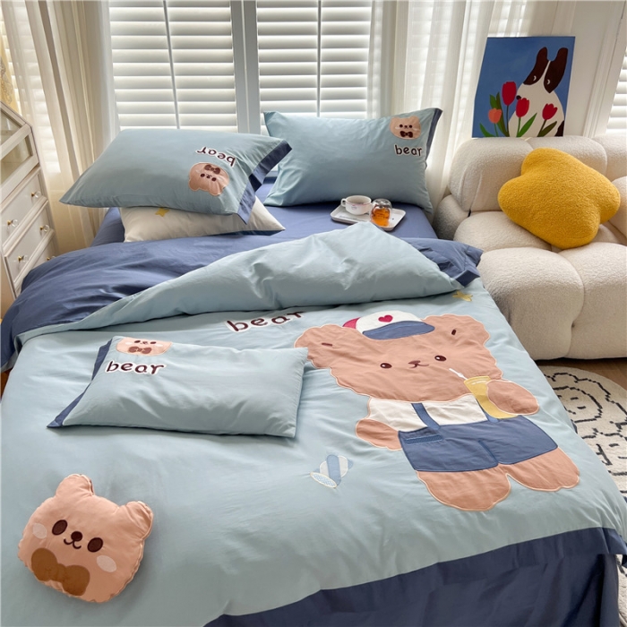 91家纺网 家纺一手货源 找家纺 总星野 2022新款啵啵熊系列100支澳棉贴布绣绣花四件套