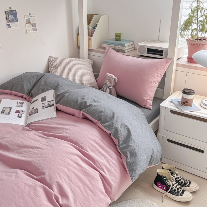 91家纺网 家纺一手货源 找家纺 秀色纯色双拼学生全棉水洗学生宿舍三件套被套四件套 豆沙+深灰