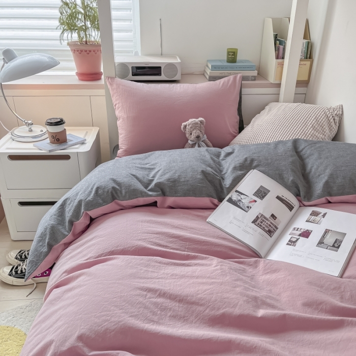 91家纺网 家纺一手货源 找家纺 秀色纯色双拼学生全棉水洗学生宿舍三件套被套四件套 豆沙+深灰