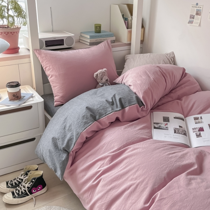 91家纺网 家纺一手货源 找家纺 秀色纯色双拼学生全棉水洗学生宿舍三件套被套四件套 豆沙+深灰