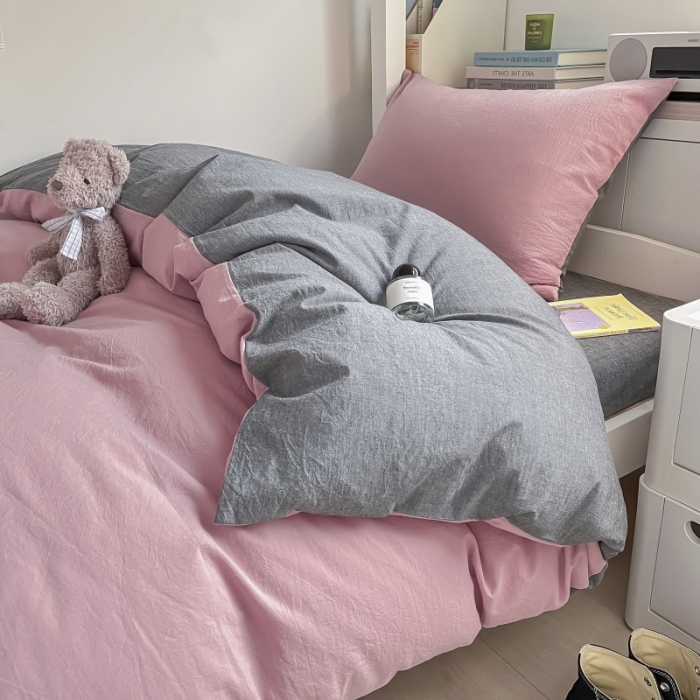 91家纺网 家纺一手货源 找家纺 秀色纯色双拼学生全棉水洗学生宿舍三件套被套四件套 豆沙+深灰