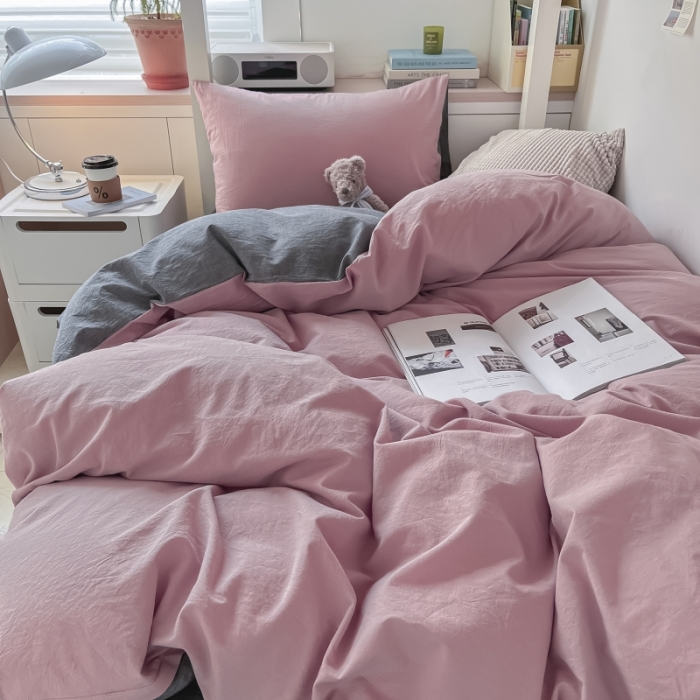 91家纺网 家纺一手货源 找家纺 秀色纯色双拼学生全棉水洗学生宿舍三件套被套四件套 豆沙+深灰