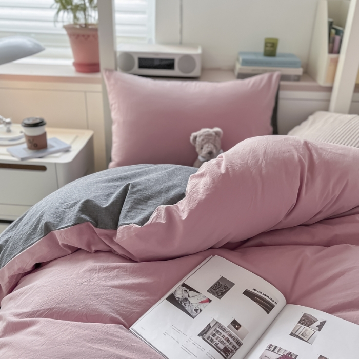 91家纺网 家纺一手货源 找家纺 秀色纯色双拼学生全棉水洗学生宿舍三件套被套四件套 豆沙+深灰