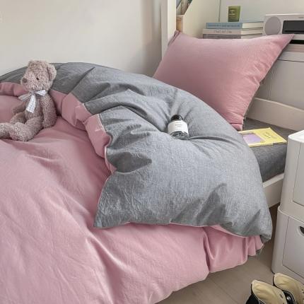 91家纺网 家纺一手货源 找家纺 秀色 纯色双拼全棉水洗学生宿舍三件套被套四件套 深灰+浅灰