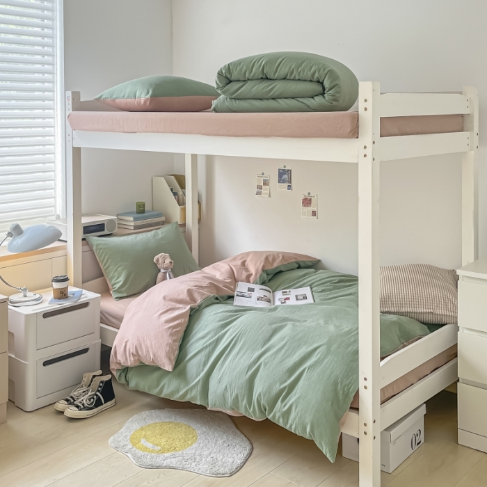 91家纺网 家纺一手货源 找家纺 秀色 纯色双拼全棉水洗学生宿舍三件套被套四件套 抹茶绿+浅驼