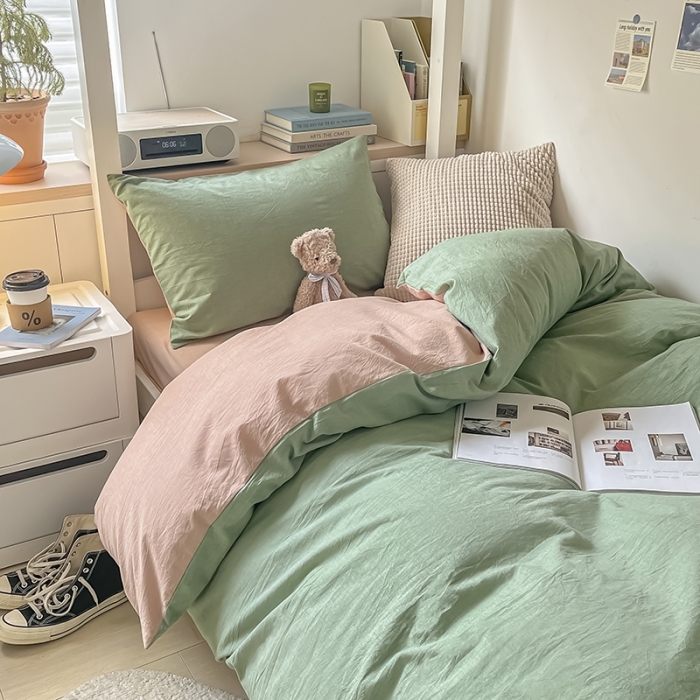 91家纺网 家纺一手货源 找家纺 秀色 纯色双拼全棉水洗学生宿舍三件套被套四件套 抹茶绿+浅驼