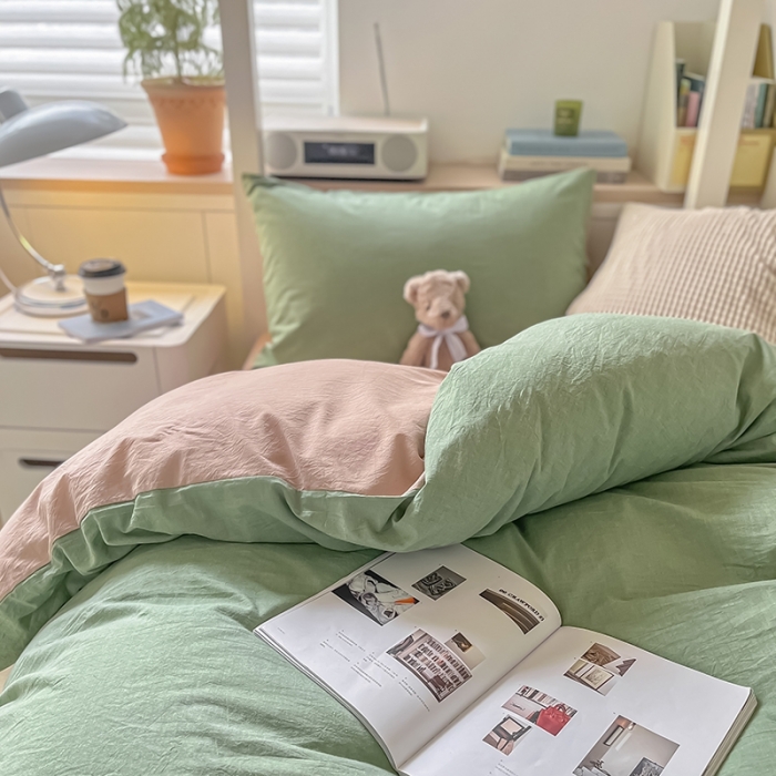 91家纺网 家纺一手货源 找家纺 秀色 纯色双拼全棉水洗学生宿舍三件套被套四件套 抹茶绿+浅驼