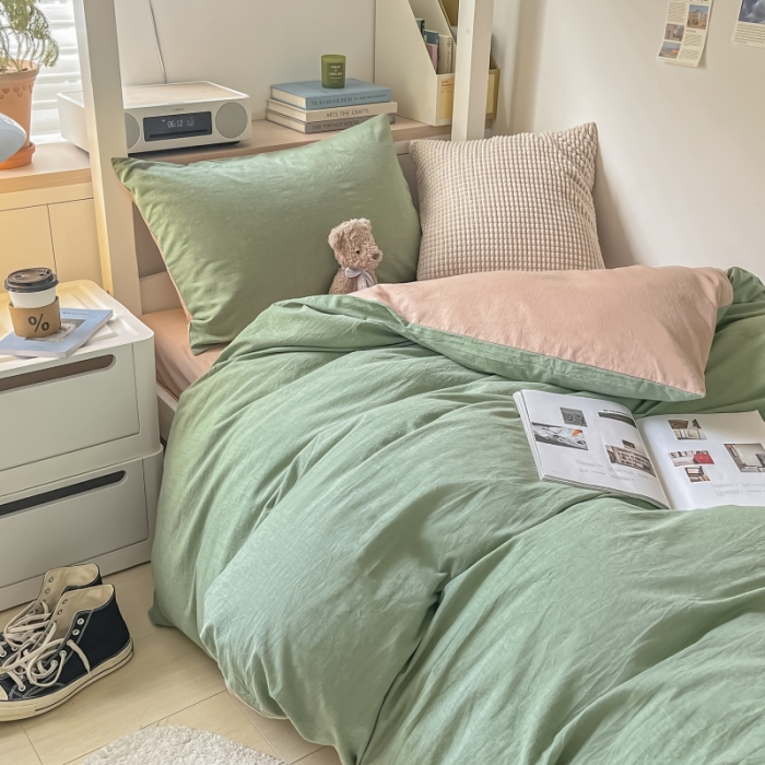 91家纺网 家纺一手货源 找家纺 秀色 纯色双拼全棉水洗学生宿舍三件套被套四件套 抹茶绿+浅驼