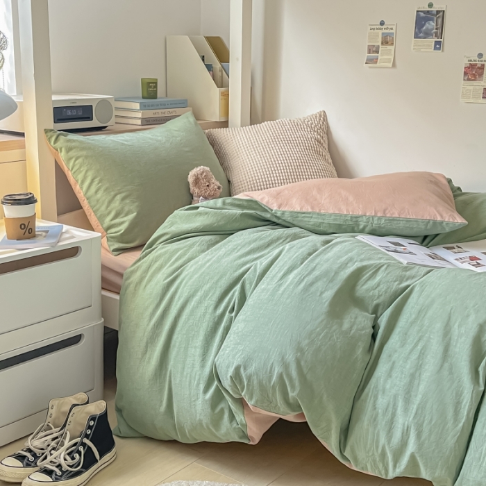 91家纺网 家纺一手货源 找家纺 秀色 纯色双拼全棉水洗学生宿舍三件套被套四件套 抹茶绿+浅驼