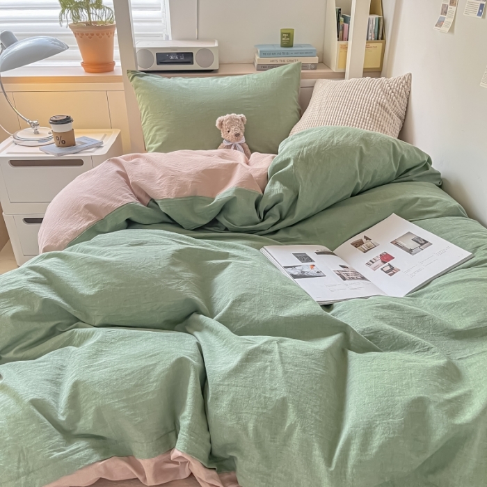 91家纺网 家纺一手货源 找家纺 秀色 纯色双拼全棉水洗学生宿舍三件套被套四件套 抹茶绿+浅驼
