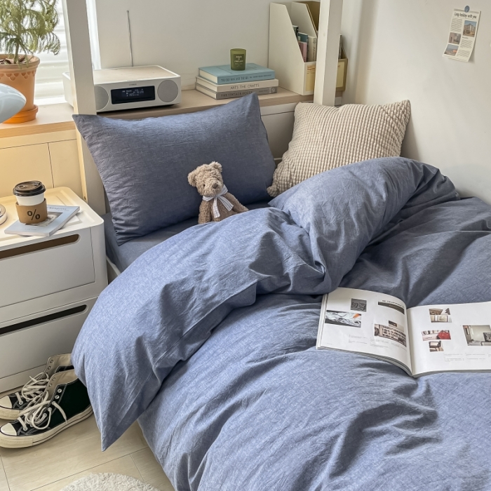 91家纺网 家纺一手货源 找家纺 秀色 纯色双拼学生全棉水洗学生宿舍三件套被套四件套 牛仔蓝