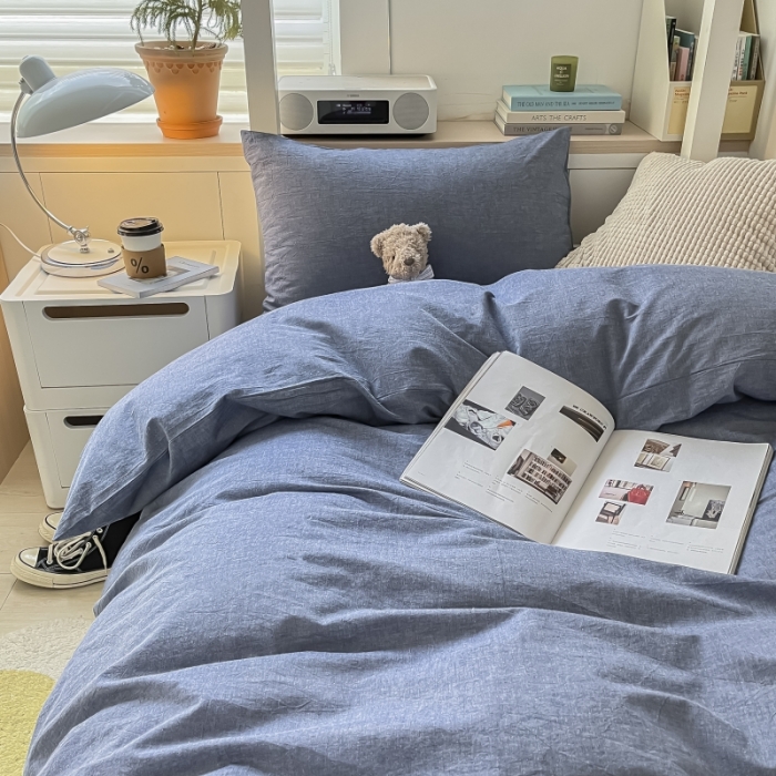 91家纺网 家纺一手货源 找家纺 秀色 纯色双拼学生全棉水洗学生宿舍三件套被套四件套 牛仔蓝