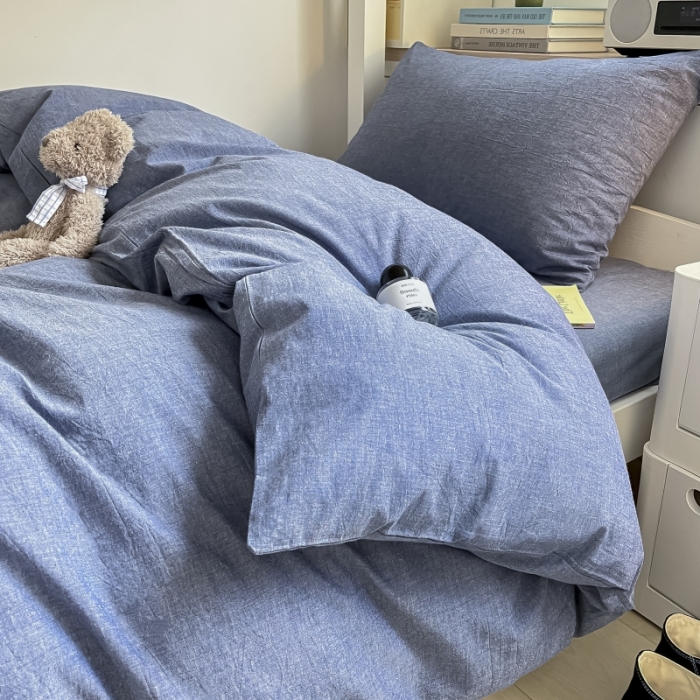 91家纺网 家纺一手货源 找家纺 秀色 纯色双拼学生全棉水洗学生宿舍三件套被套四件套 牛仔蓝
