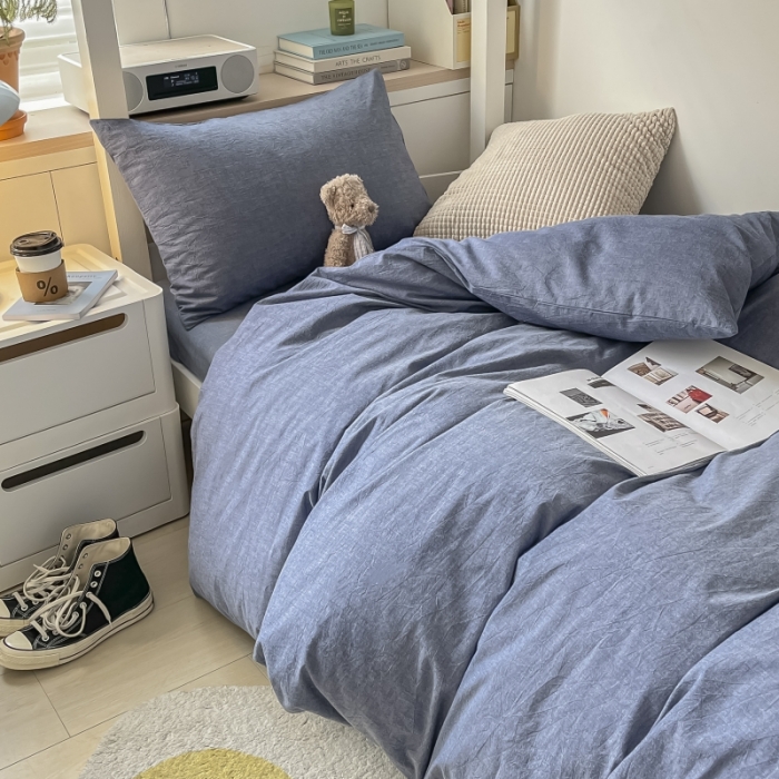 91家纺网 家纺一手货源 找家纺 秀色 纯色双拼学生全棉水洗学生宿舍三件套被套四件套 牛仔蓝