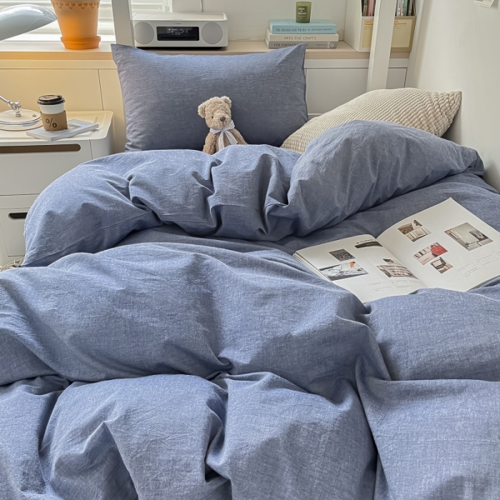 91家纺网 家纺一手货源 找家纺 秀色 纯色双拼学生全棉水洗学生宿舍三件套被套四件套 牛仔蓝
