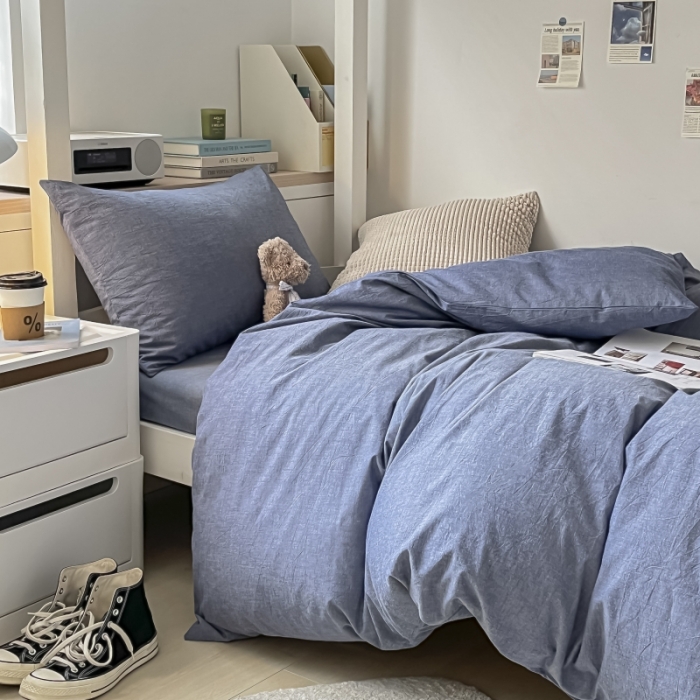 91家纺网 家纺一手货源 找家纺 秀色 纯色双拼学生全棉水洗学生宿舍三件套被套四件套 牛仔蓝