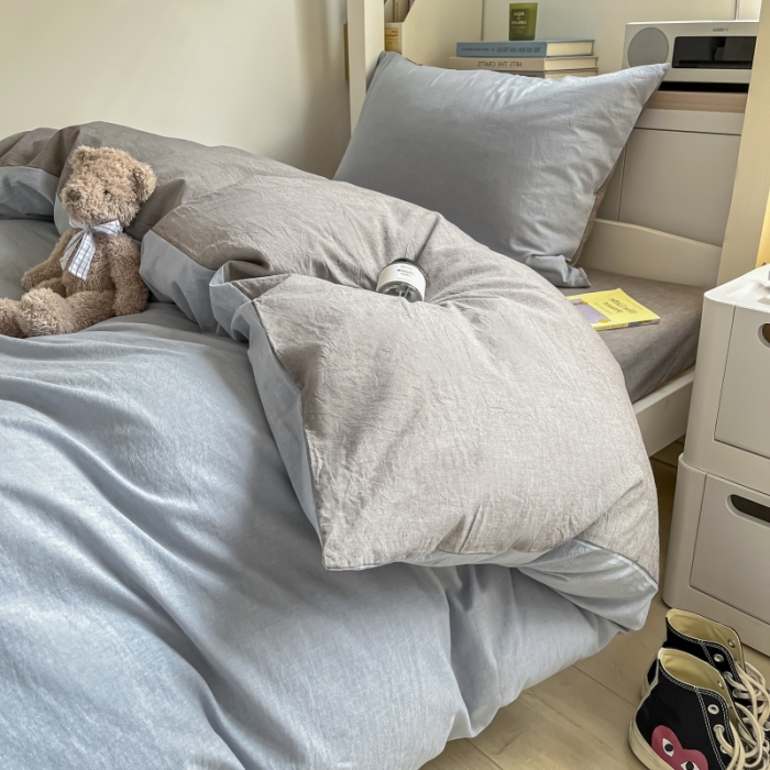 91家纺网 家纺一手货源 找家纺 秀色 纯色双拼全棉水洗学生宿舍三件套被套四件套 浅蓝+浅灰