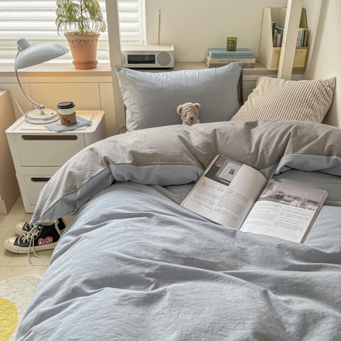 91家纺网 家纺一手货源 找家纺 秀色 纯色双拼全棉水洗学生宿舍三件套被套四件套 浅蓝+浅灰
