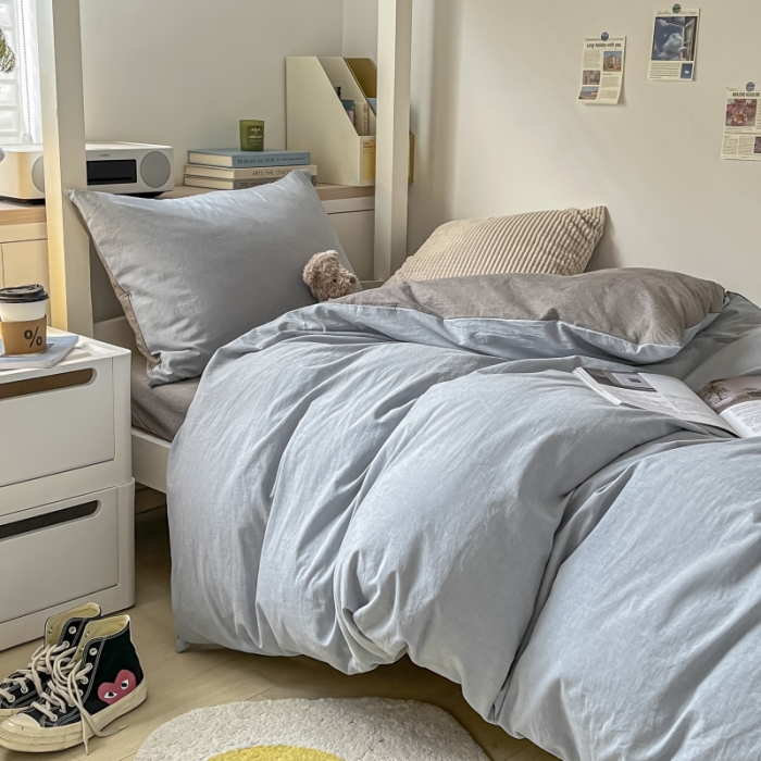 91家纺网 家纺一手货源 找家纺 秀色 纯色双拼全棉水洗学生宿舍三件套被套四件套 浅蓝+浅灰