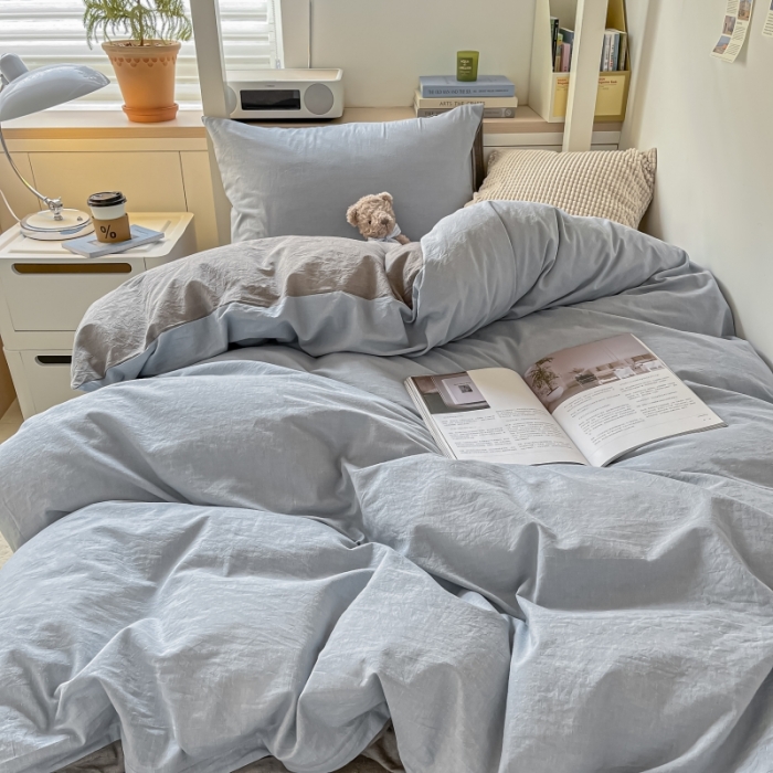 91家纺网 家纺一手货源 找家纺 秀色 纯色双拼全棉水洗学生宿舍三件套被套四件套 浅蓝+浅灰