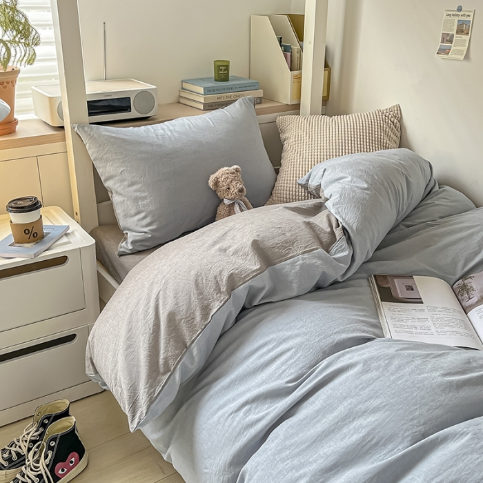 91家纺网 家纺一手货源 找家纺 秀色 纯色双拼全棉水洗学生宿舍三件套被套四件套 浅蓝+浅灰