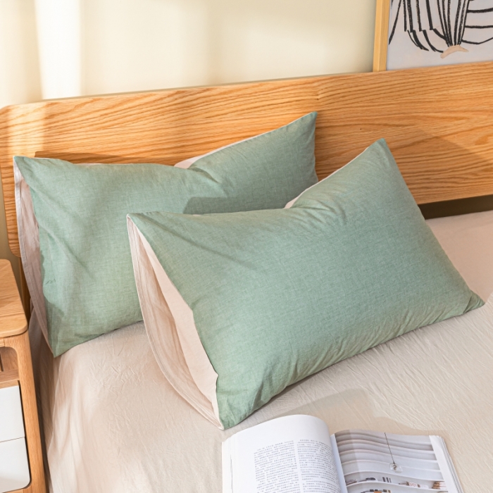 91家纺网 家纺一手货源 找家纺 秀色2025新日系简约纯色双拼全棉可水洗四件套 抹茶绿+浅驼