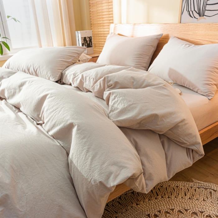 91家纺网 家纺一手货源 找家纺 秀色 2025新款日系简约纯色双拼全棉可水洗纯棉四件套 浅驼