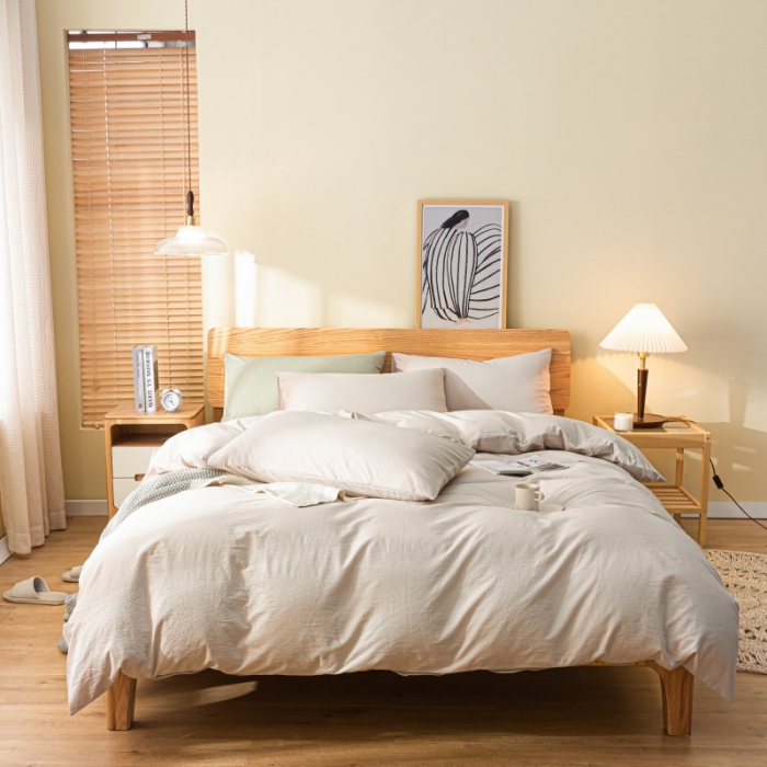 91家纺网 家纺一手货源 找家纺 秀色 2025新款日系简约纯色双拼全棉可水洗纯棉四件套 浅驼