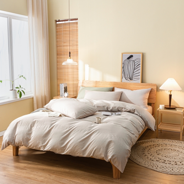 91家纺网 家纺一手货源 找家纺 秀色 2025新款日系简约纯色双拼全棉可水洗纯棉四件套 浅驼