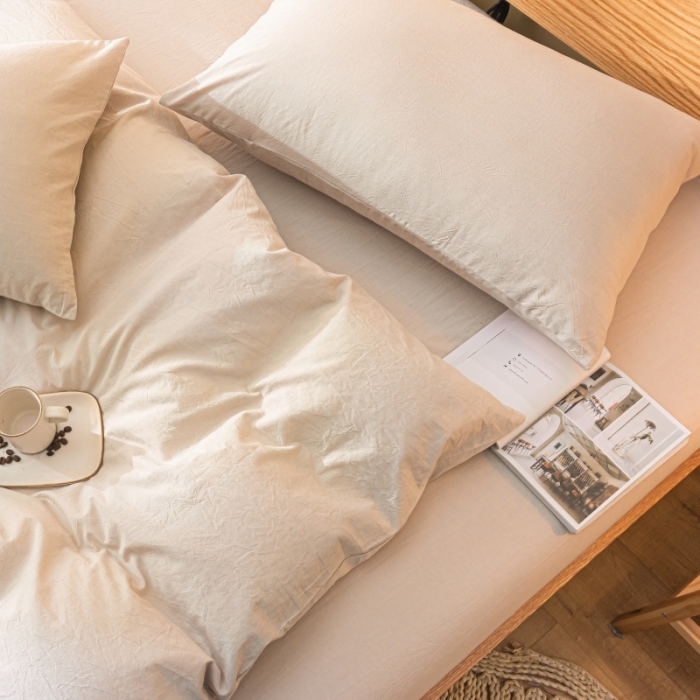 91家纺网 家纺一手货源 找家纺 秀色 2025新款日系简约纯色双拼全棉可水洗纯棉四件套 浅驼