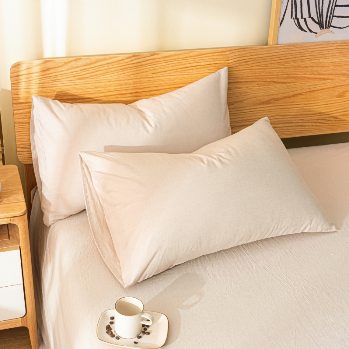 91家纺网 家纺一手货源 找家纺 秀色 2025新款日系简约纯色双拼全棉可水洗纯棉四件套 浅驼