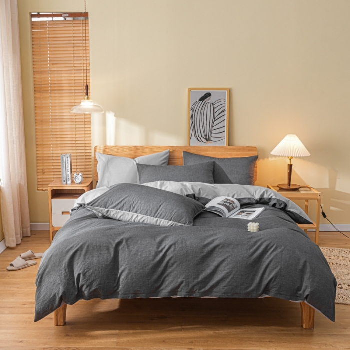 91家纺网 家纺一手货源 找家纺 秀色 2025新日系简约纯色双拼全棉可水洗四件套 深灰+浅灰