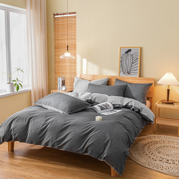 91家纺网 家纺一手货源 找家纺 秀色 2025新日系简约纯色双拼全棉可水洗四件套 深灰+浅灰