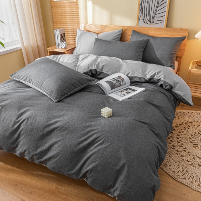 91家纺网 家纺一手货源 找家纺 秀色 2025新日系简约纯色双拼全棉可水洗四件套 深灰+浅灰